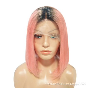 Mink Straight Wave Bob Wigs for Black Natural Women Hairline Dark Roots 1B Pink Brazilian Human Hair Medium Brown Swiss Lace